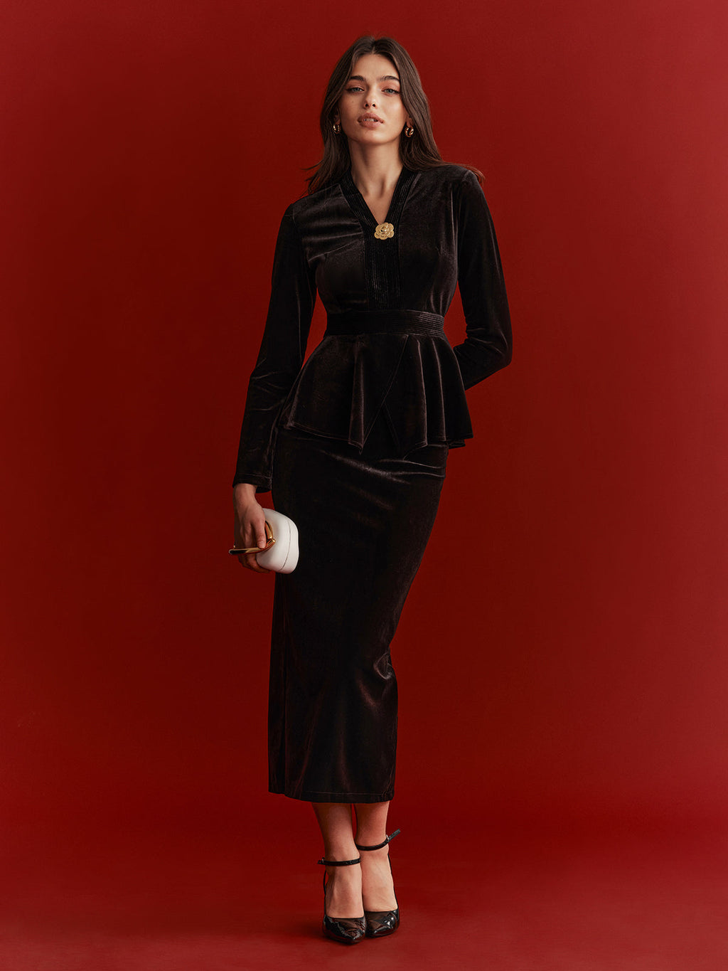 Velvet Peplum Top and Midi Skirt Set