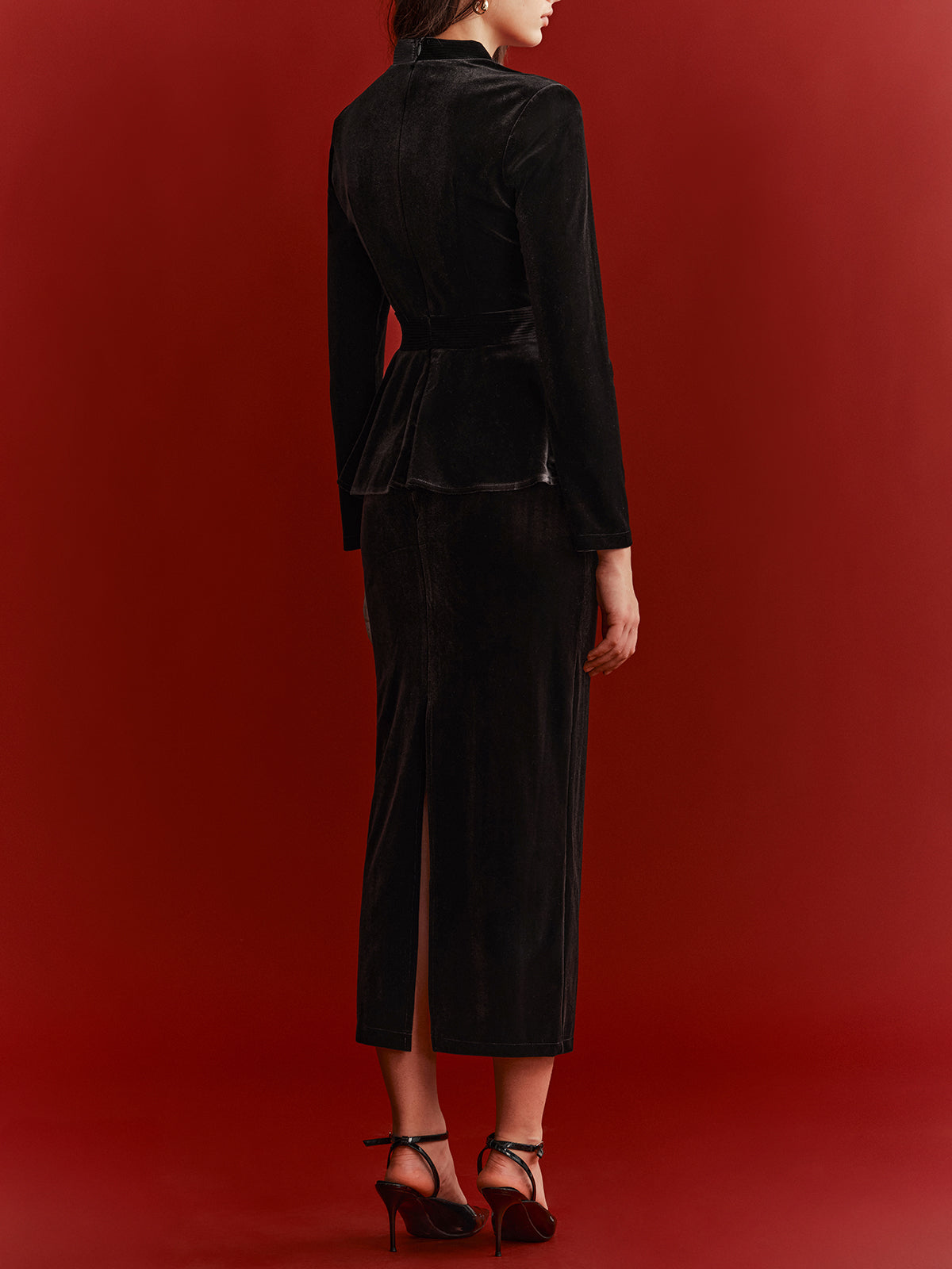 Velvet Peplum Top and Midi Skirt Set