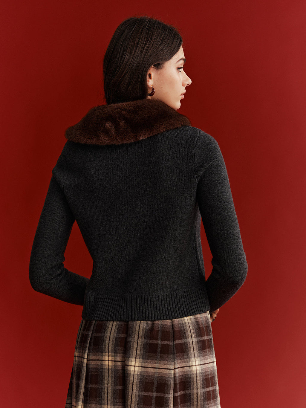 Faux Fur Collar Wool-Blend Cardigan