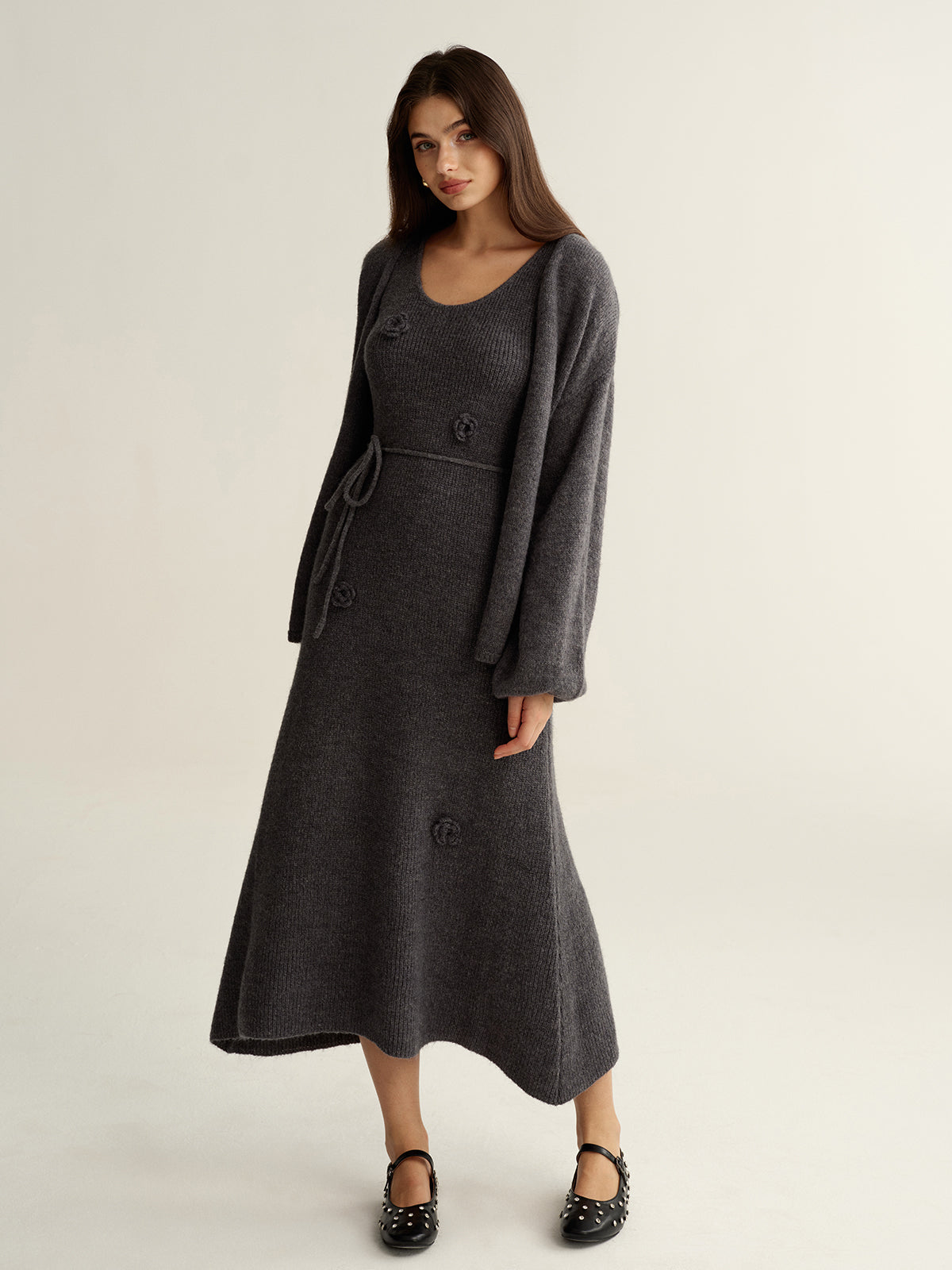 Ensemble deux pièces robe et cardigan en maille florale 3D