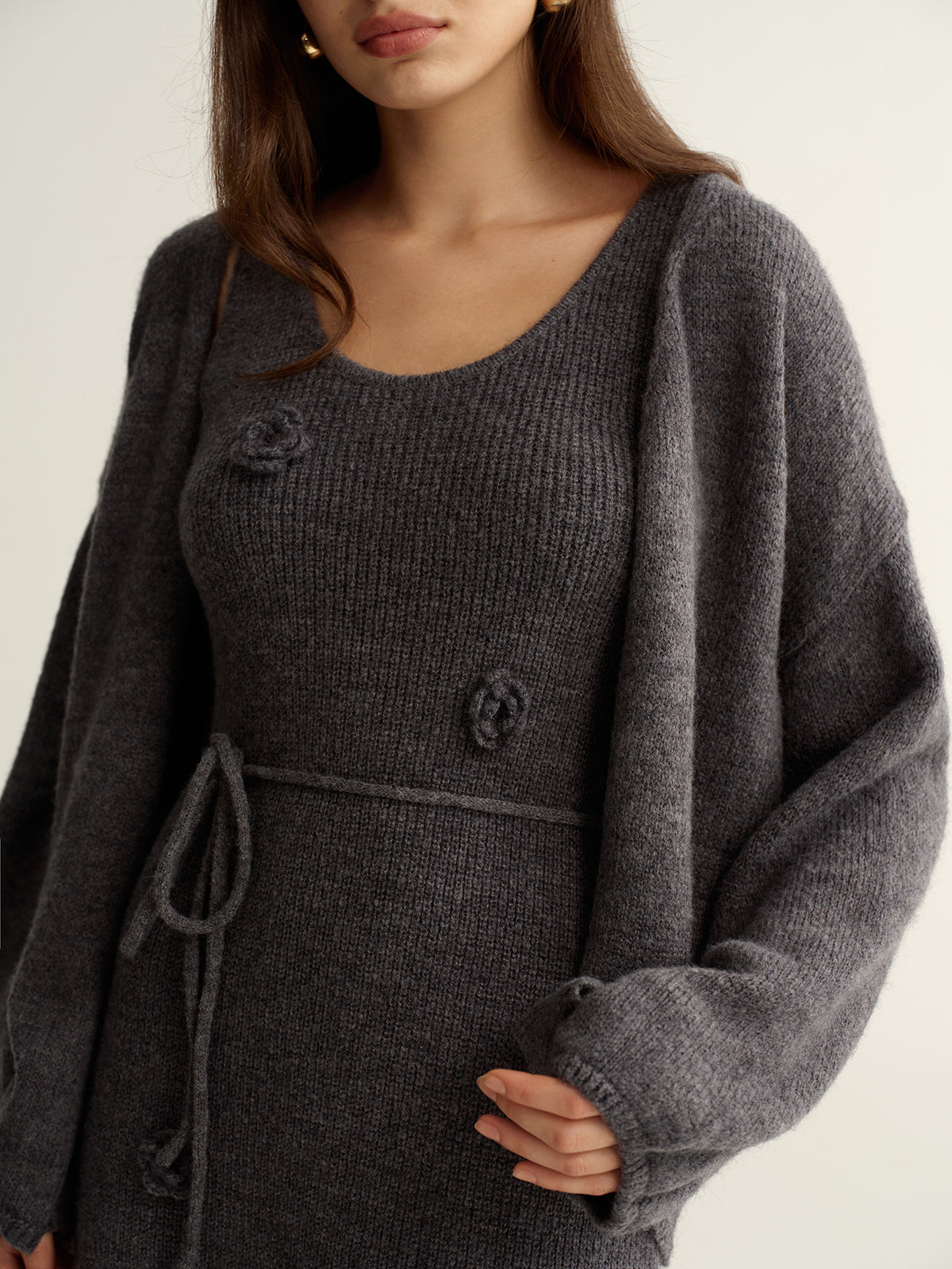 Ensemble deux pièces robe et cardigan en maille florale 3D