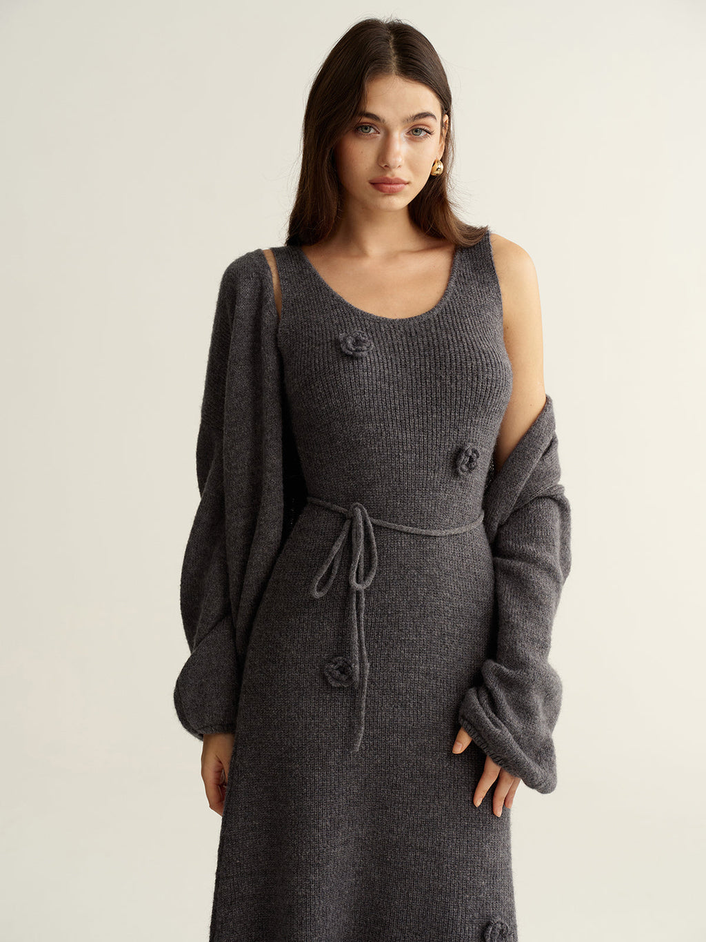 3D Floral Knit Dress & Cardigan Two-Piece Set