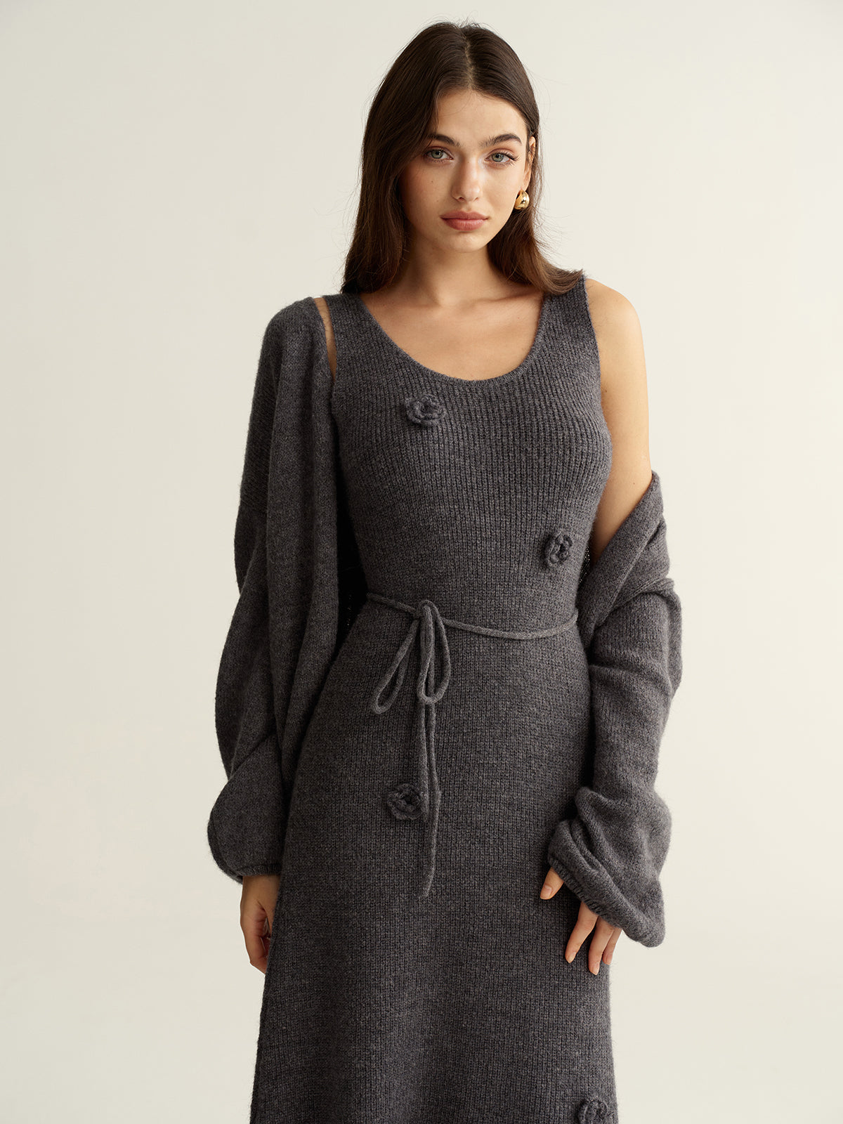 Ensemble deux pièces robe et cardigan en maille florale 3D
