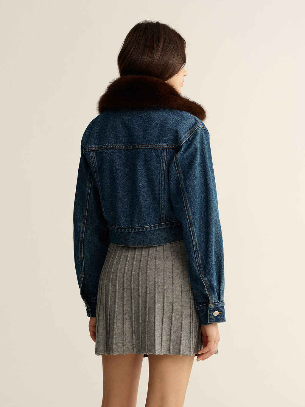 Veste Courte en Jean avec Col en Fausse Fourrure