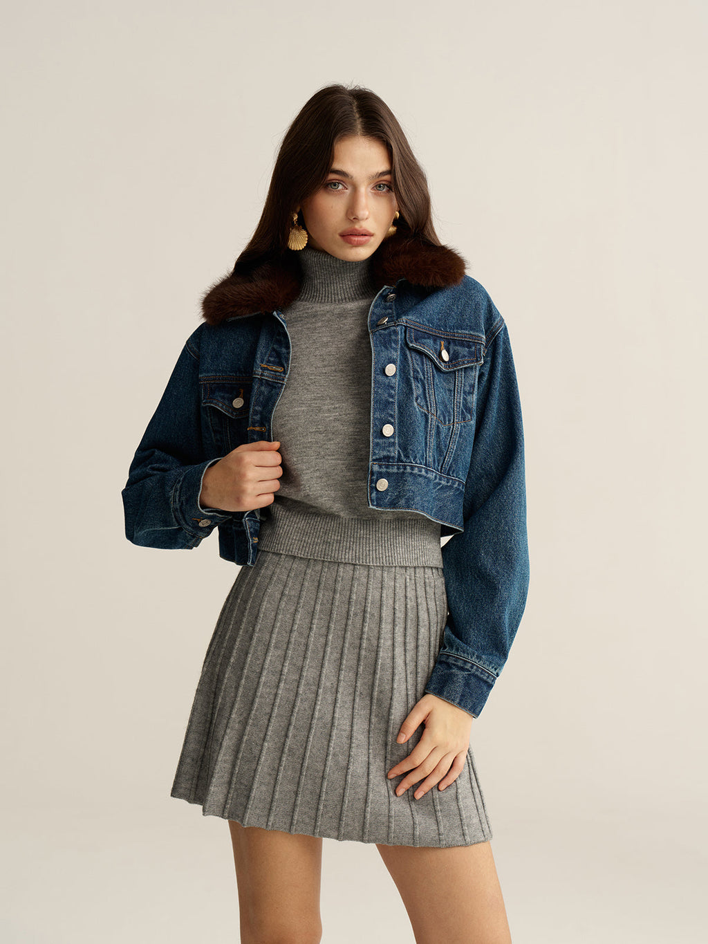 Veste Courte en Jean avec Col en Fausse Fourrure