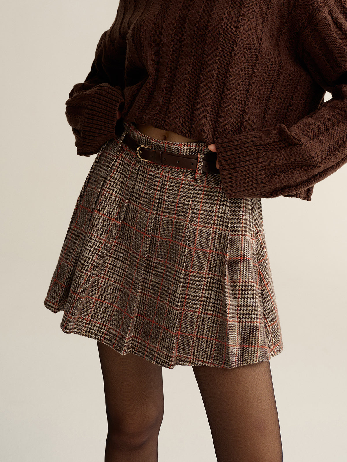 Gürtel-Plaid-Tweed-Minirock