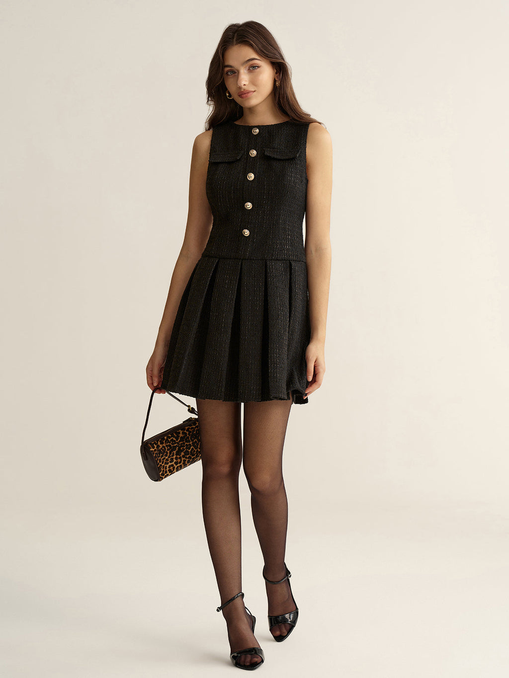 Metal Detail Tweed Pleated Mini Dress