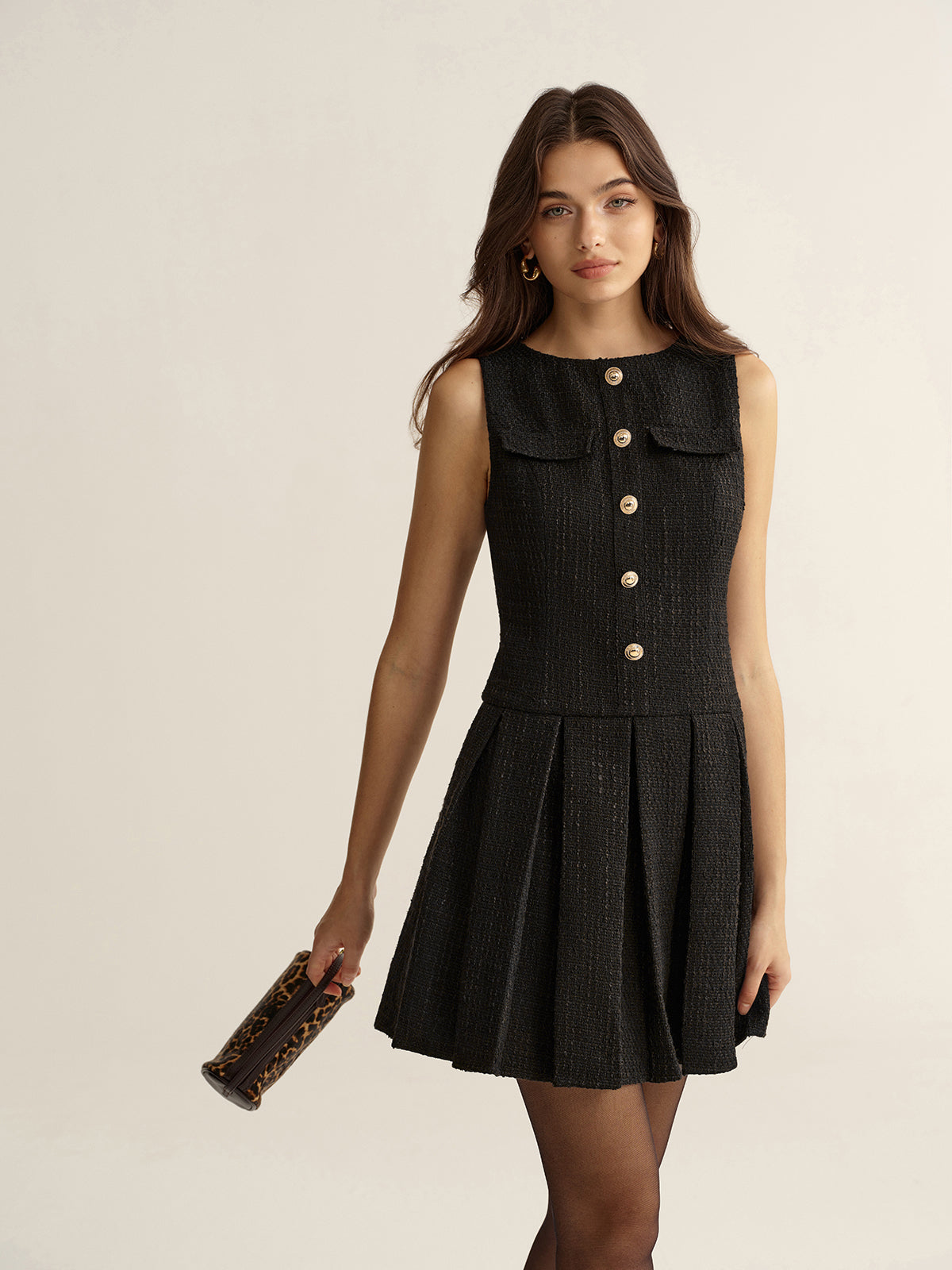 Tweed-Mini-Faltenkleid mit Metalldetail