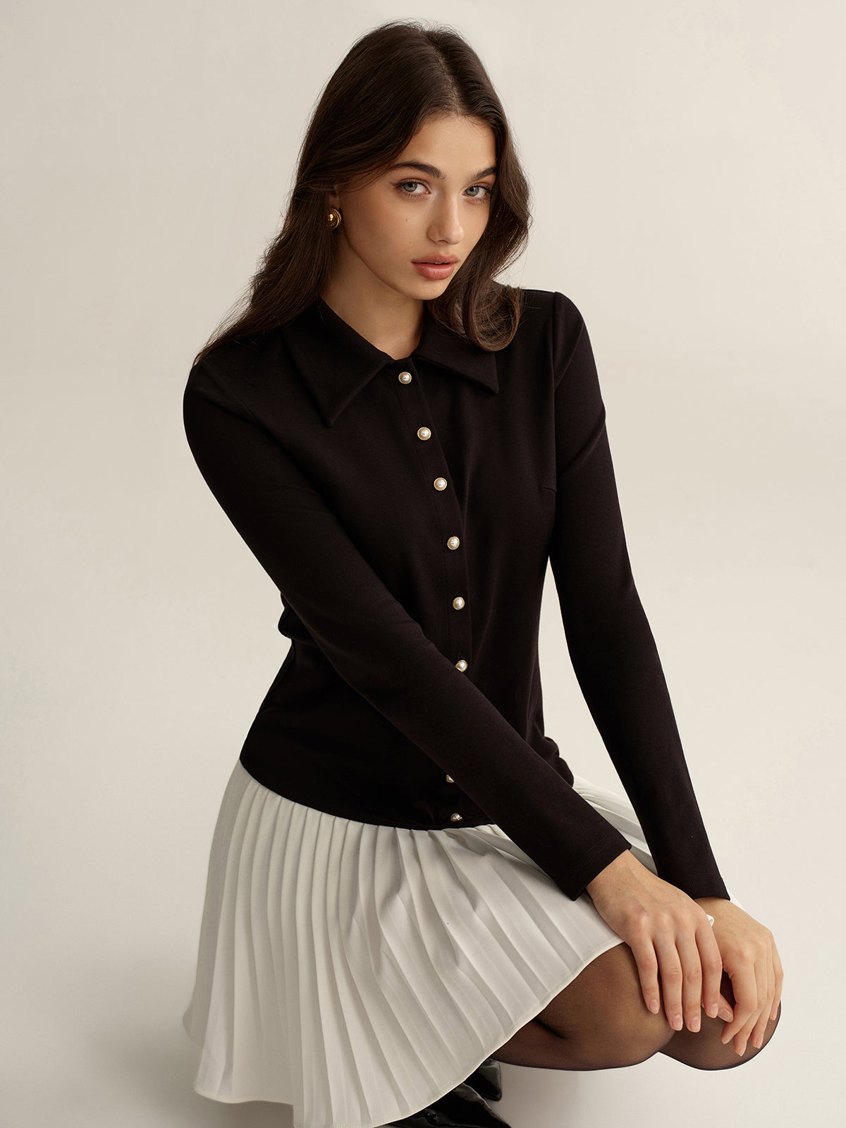 Mini-Kleid mit Hemdkragen, Kontrast-Faltenrock