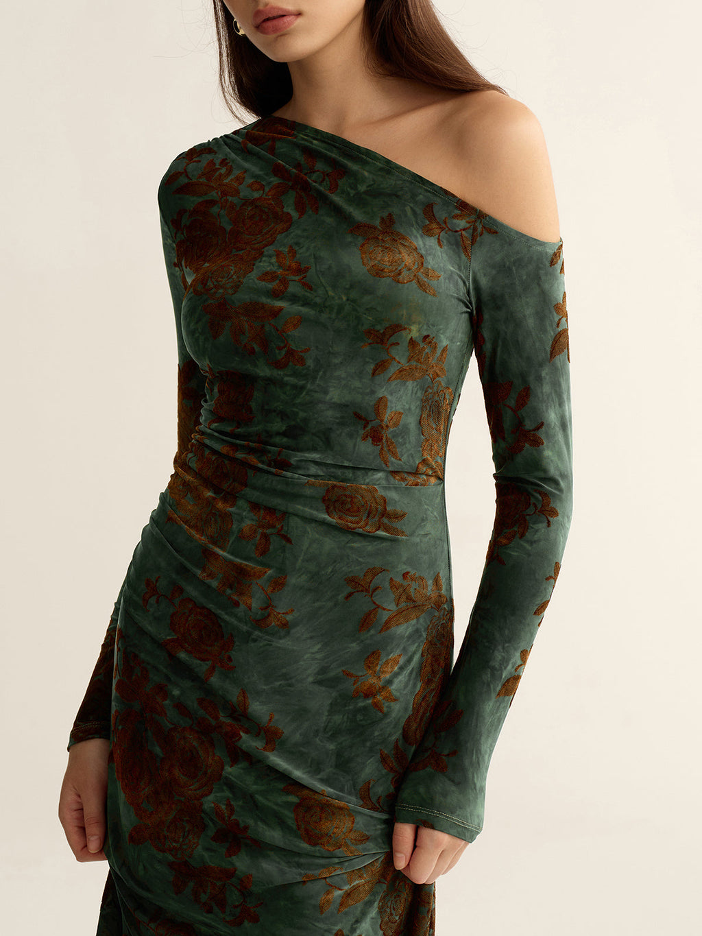 Floral Jacquard One-Shoulder Maxi Dress
