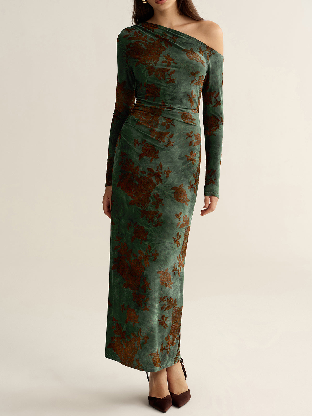 Robe longue jacquard florale à une épaule
