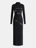 Maxikleid aus Strick mit Stehkragen und Kunstleder-Einsätzen
