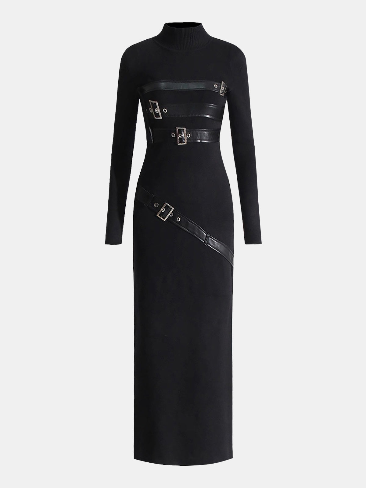 Maxikleid aus Strick mit Stehkragen und Kunstleder-Einsätzen