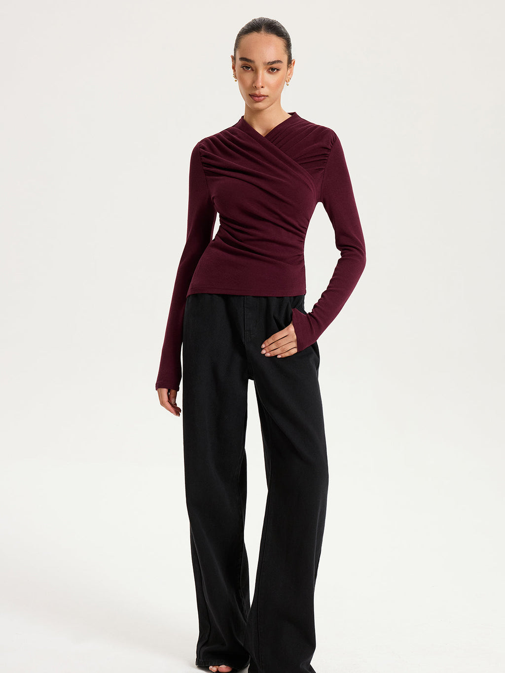 Cross Ruched Long Sleeve Top