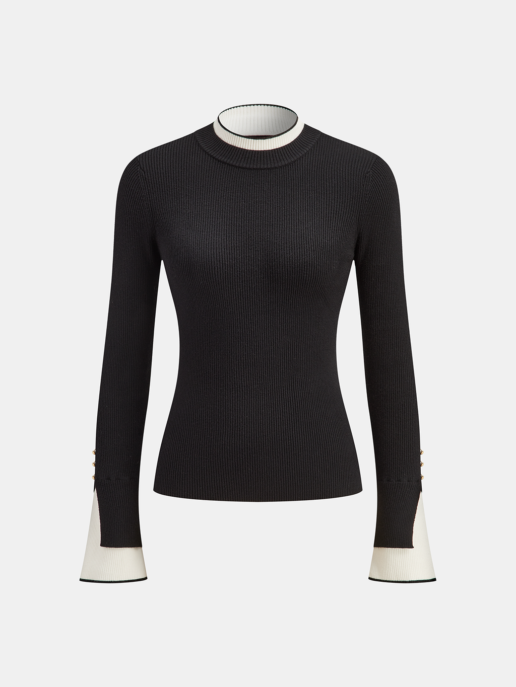 2 in 1 Contrast Cuff Mock Neck Ribbed Knit Top