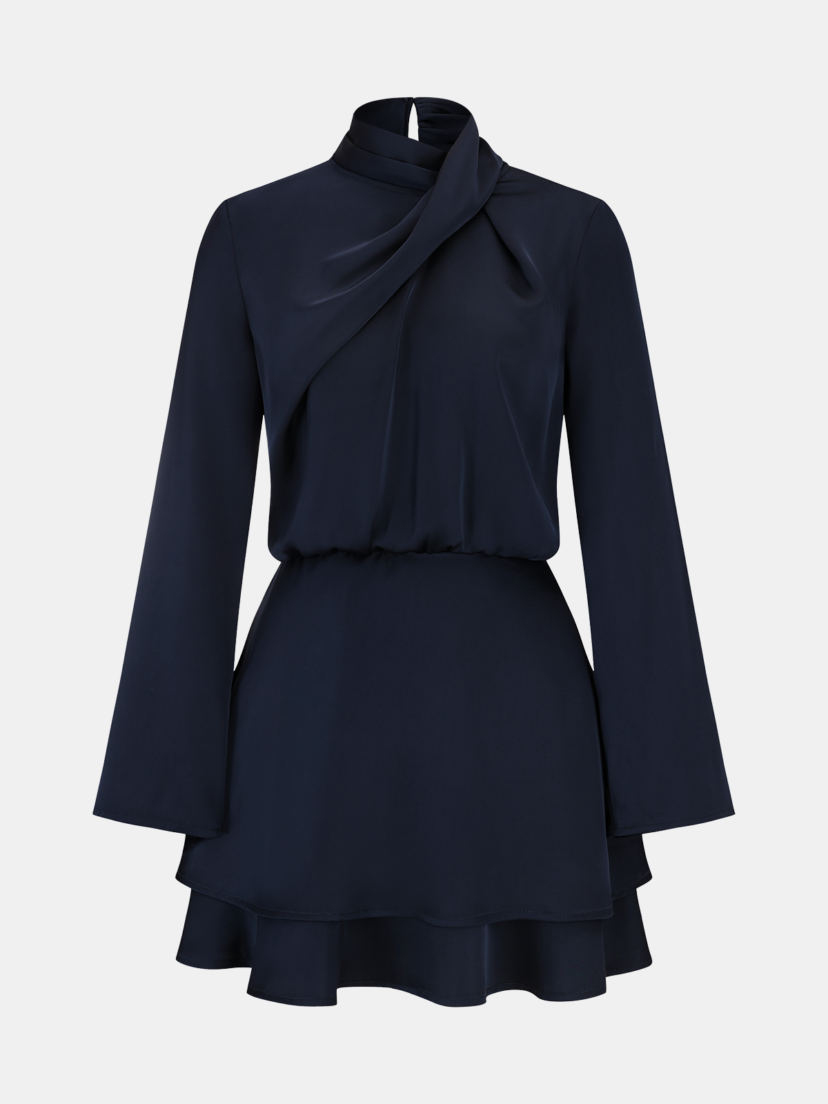 Langärmeliges Mini-Satin-Kleid mit überlappendem Ausschnitt und Stufenrock