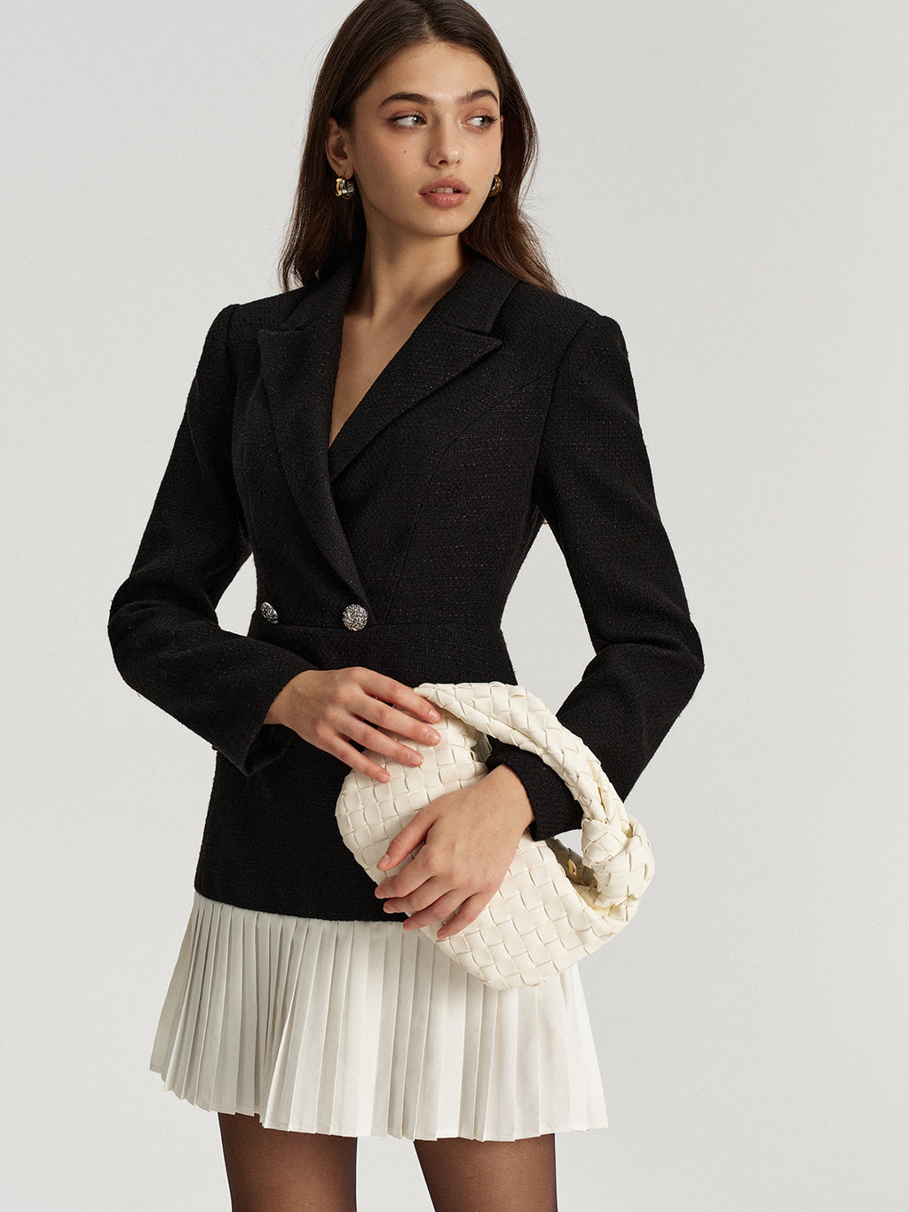 Tweed zweireihiges Blazer-Kleid mit plissiertem Saum