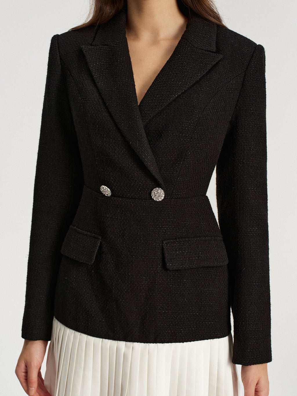 Tweed zweireihiges Blazer-Kleid mit plissiertem Saum