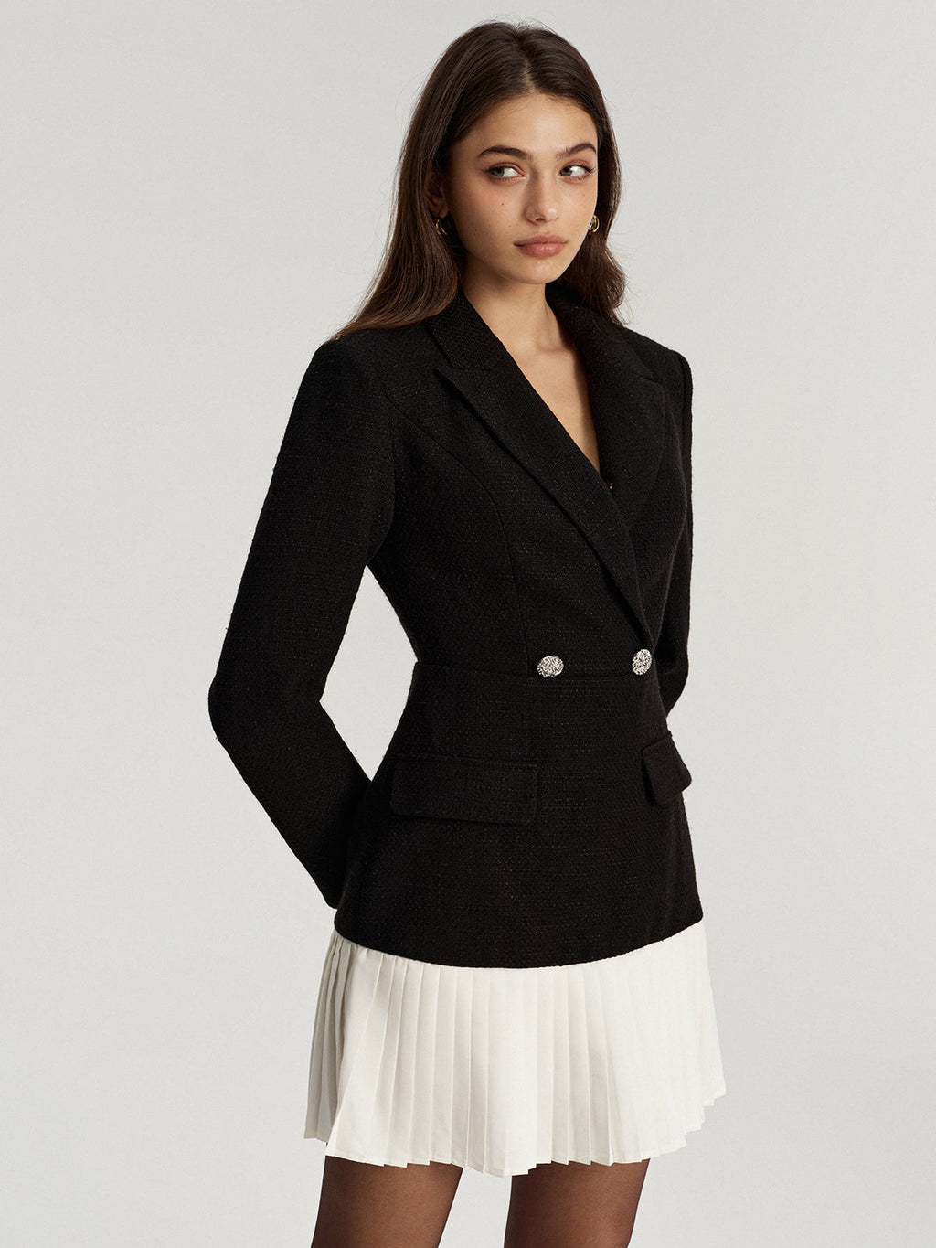 Tweed zweireihiges Blazer-Kleid mit plissiertem Saum