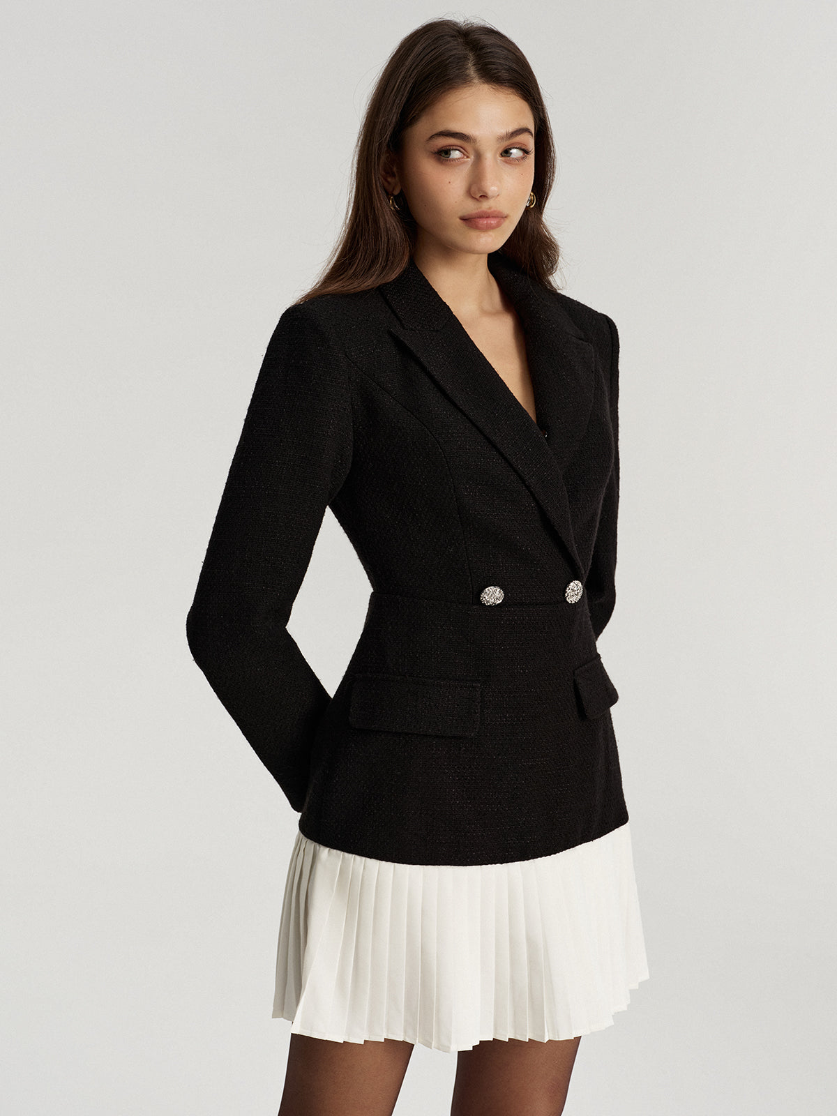 Tweed zweireihiges Blazer-Kleid mit plissiertem Saum