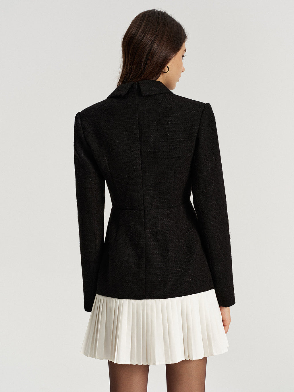 Tweed zweireihiges Blazer-Kleid mit plissiertem Saum