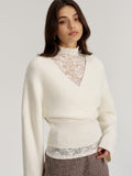 Ensemble deux pièces pull col V et haut en dentelle