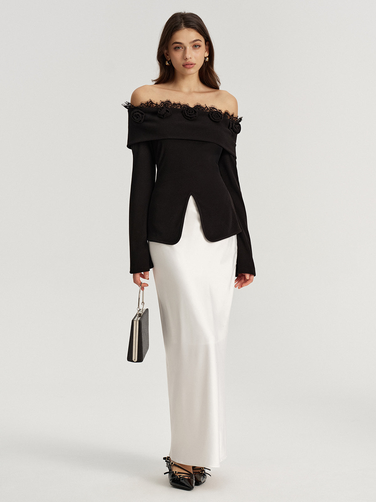 3D-Rosen-Spitzenbesatz Off-Shoulder-Oberteil