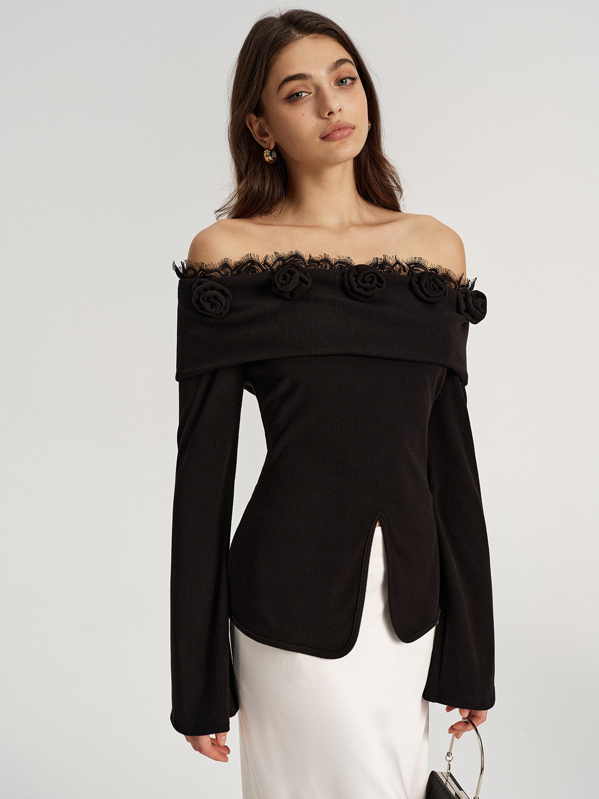 3D-Rosen-Spitzenbesatz Off-Shoulder-Oberteil