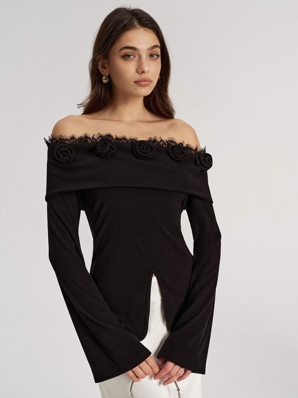 3D-Rosen-Spitzenbesatz Off-Shoulder-Oberteil