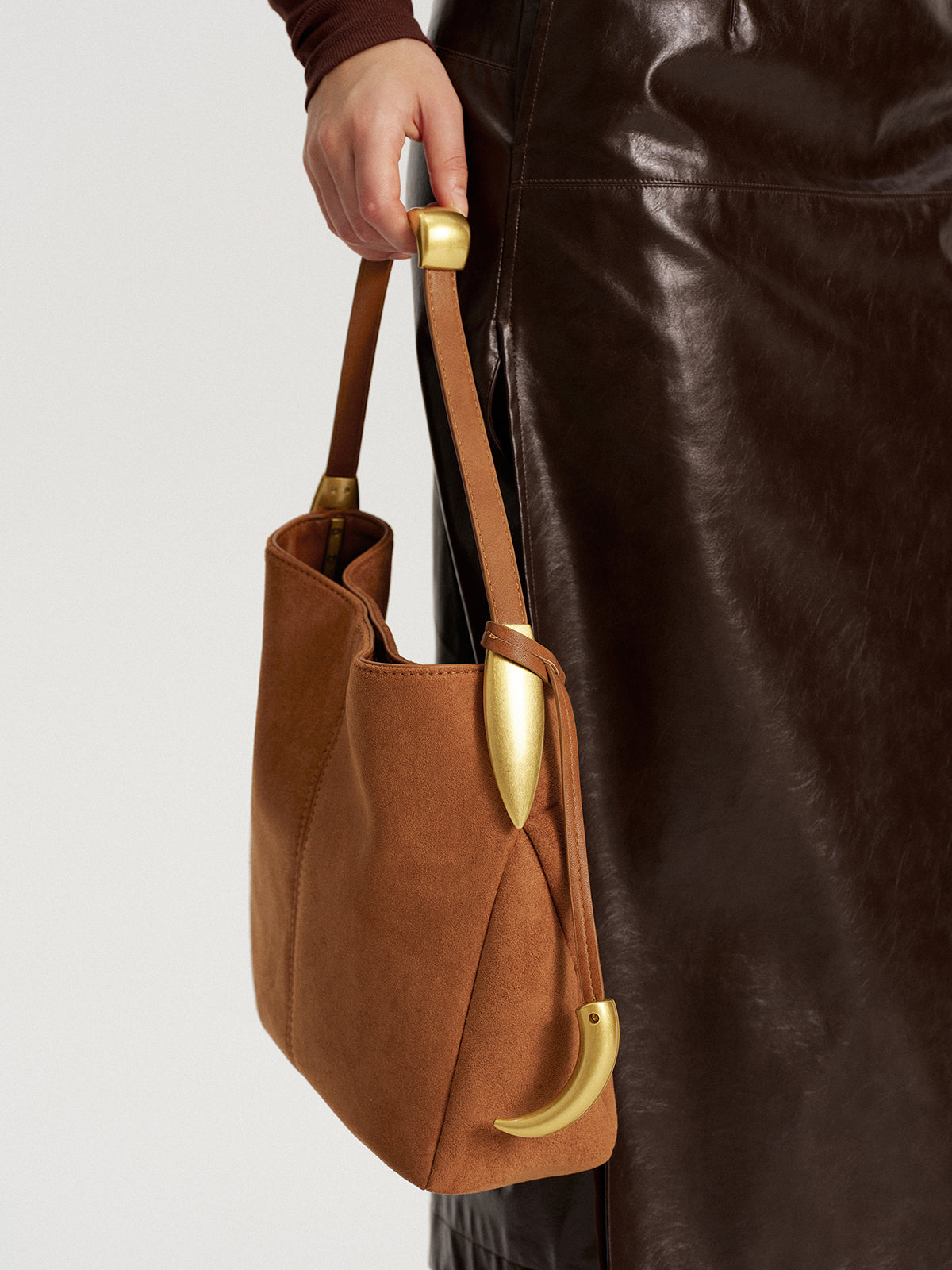 Metal Accent Faux Suede Hobo Bag