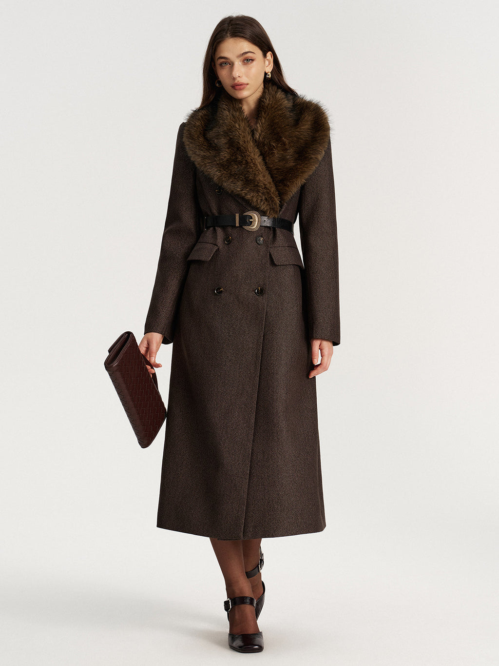 Manteau Long Col Fausse Fourrure sans Ceinture