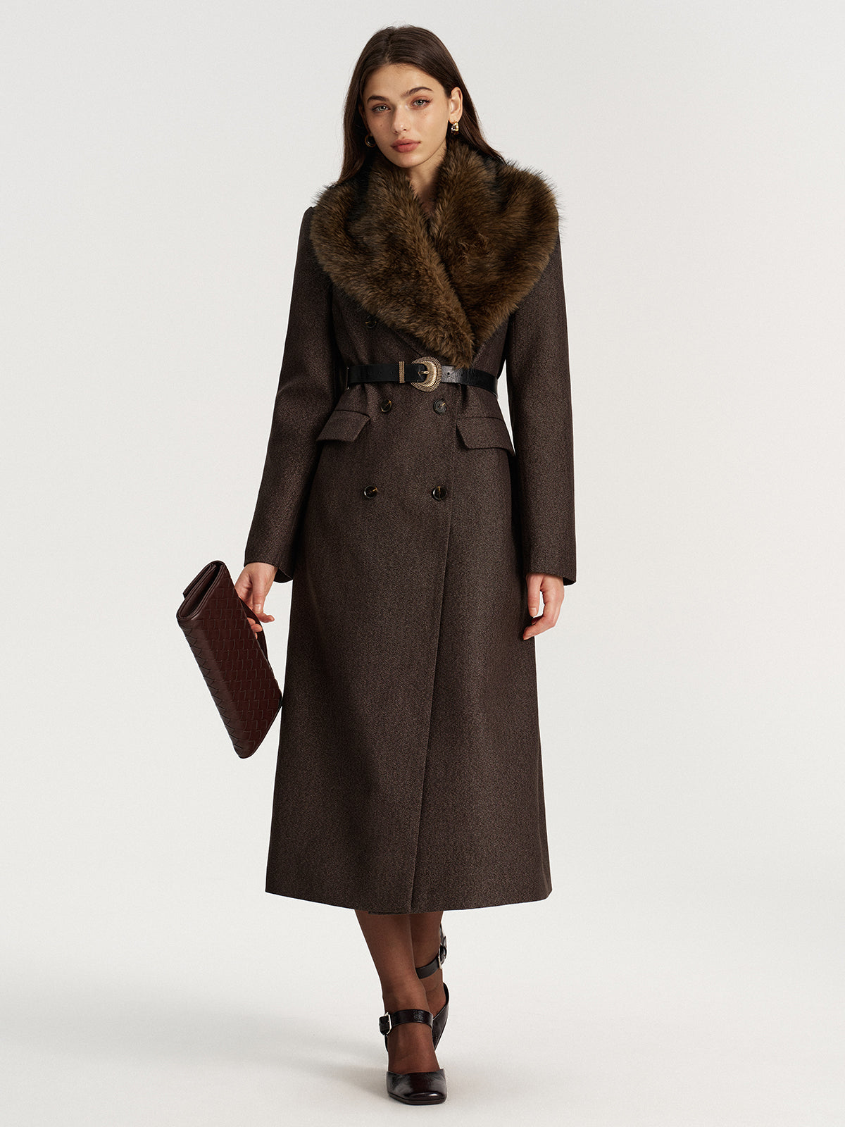 Manteau Long Col Fausse Fourrure sans Ceinture