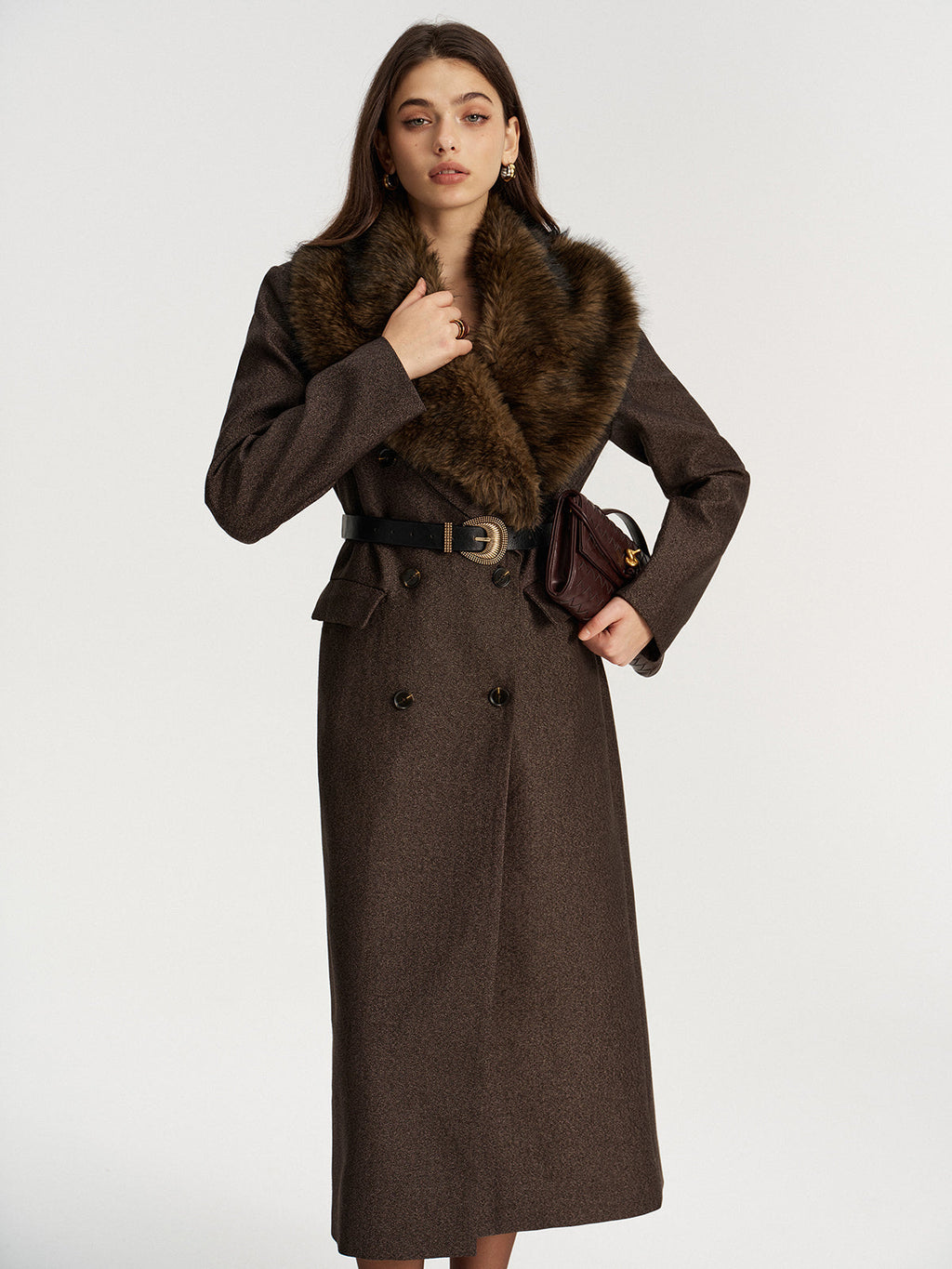 Manteau Long Col Fausse Fourrure sans Ceinture