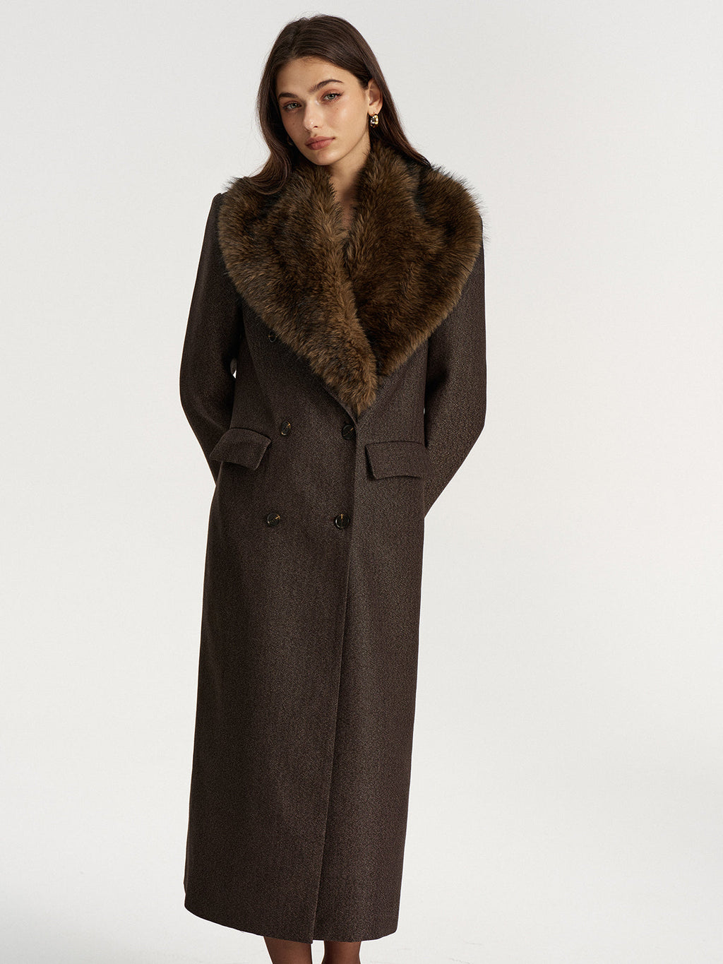 Manteau Long Col Fausse Fourrure sans Ceinture