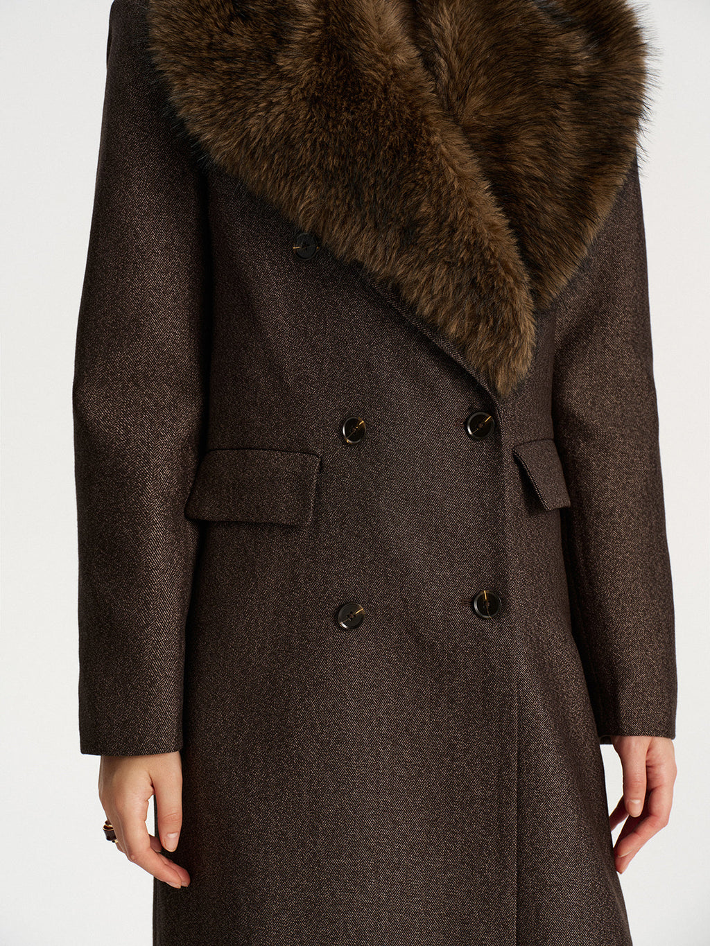 Manteau Long Col Fausse Fourrure sans Ceinture