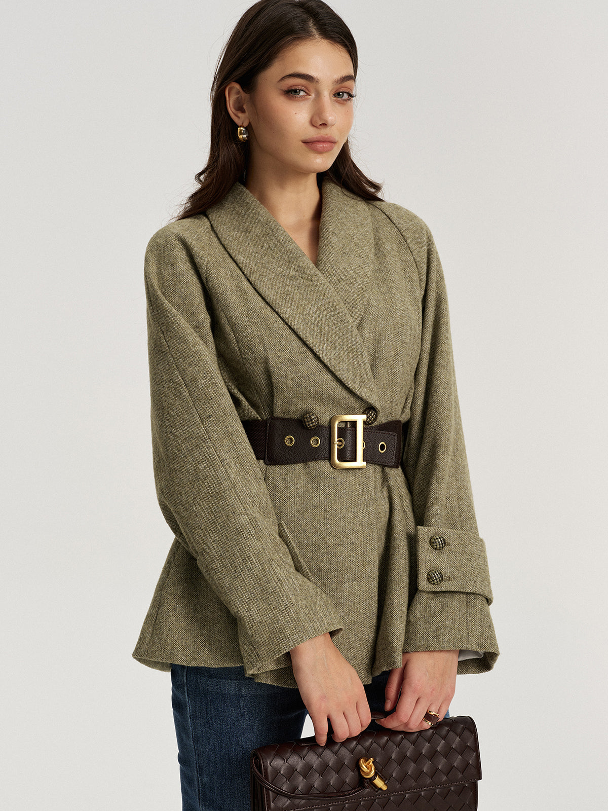 Blazer ceinturé en laine mélangée à col châle