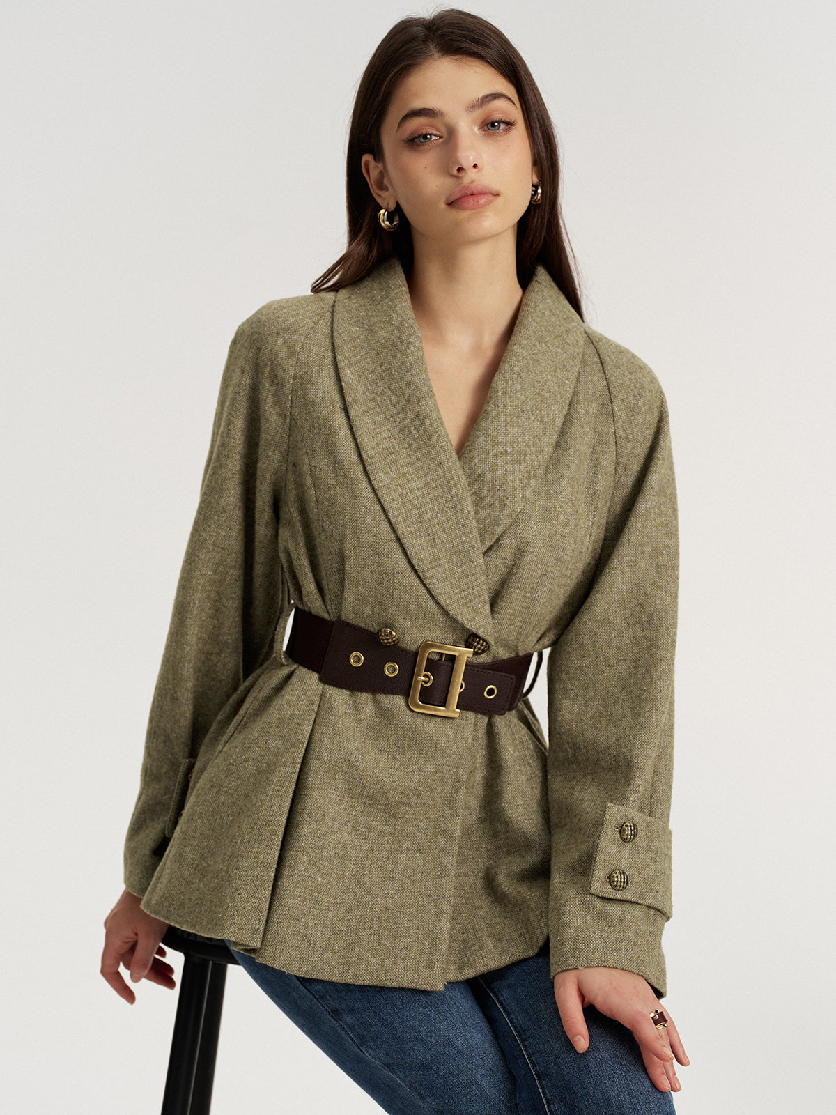 Blazer ceinturé en laine mélangée à col châle