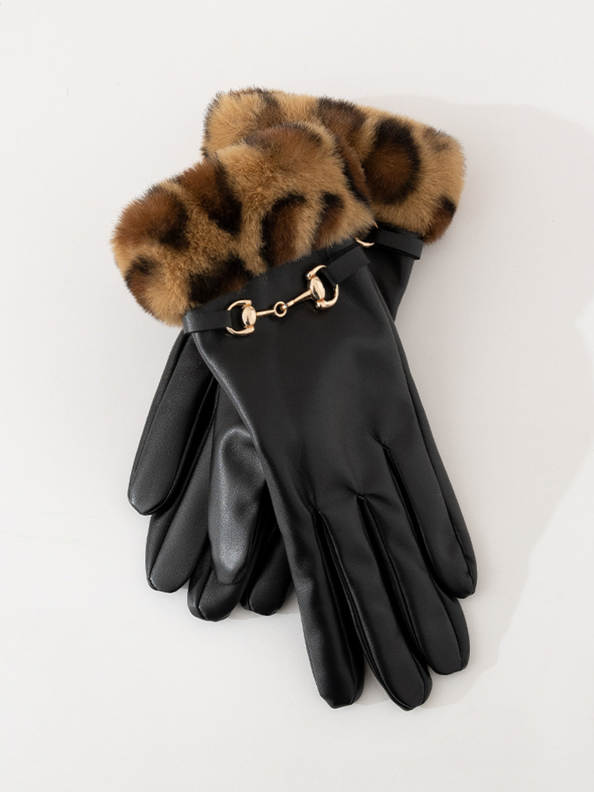 Handschuhe aus Kunstleder mit Leoparden-Kunstfellmanschette