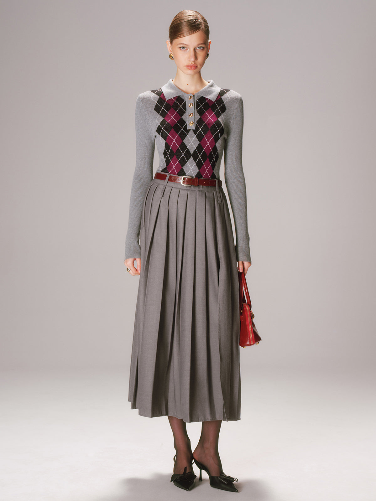 Haut en maille polo mélangée de laine Argyle