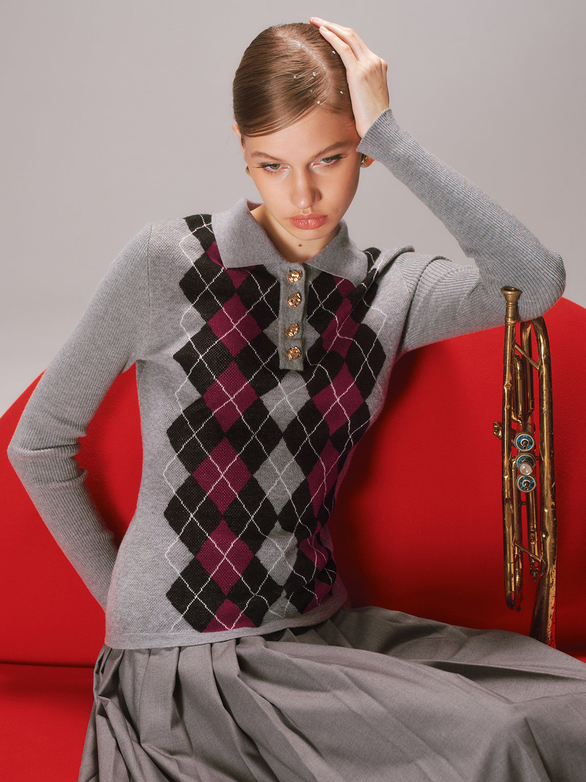 Haut en maille polo mélangée de laine Argyle