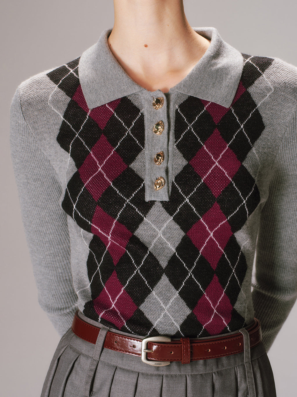 Haut en maille polo mélangée de laine Argyle
