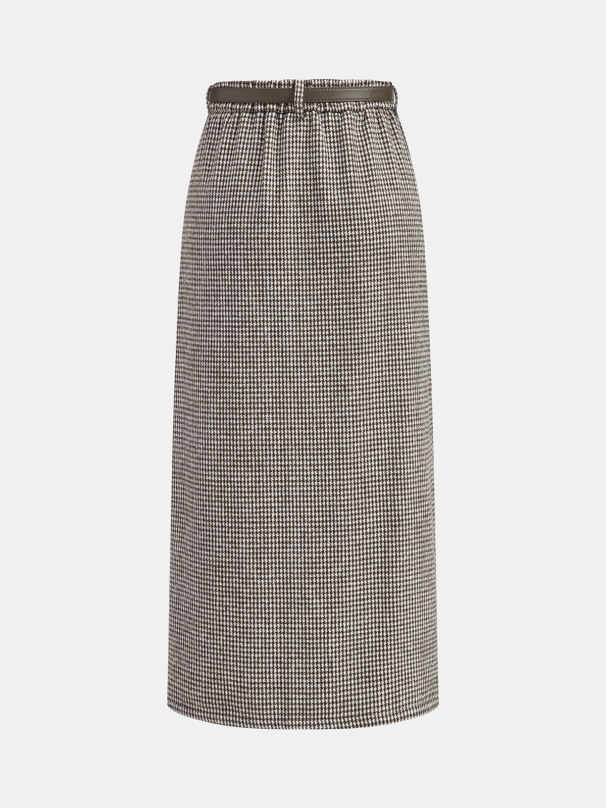 Jupe midi ceinturée en tweed pied-de-poule
