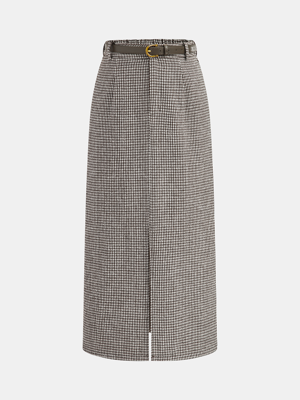 Jupe midi ceinturée en tweed pied-de-poule