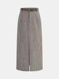Jupe midi ceinturée en tweed pied-de-poule
