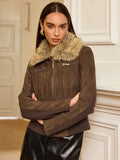 Veste avec panneau en maille, col en fausse fourrure et effet daim
