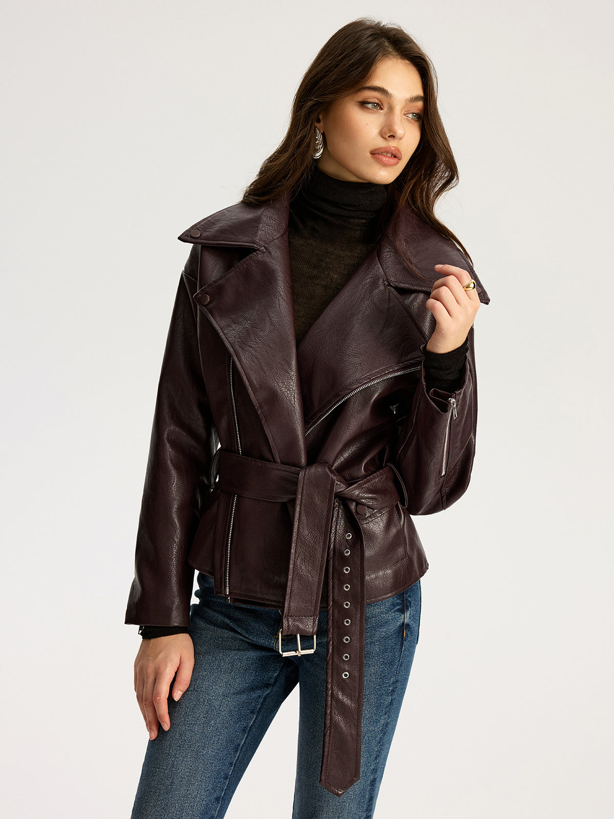 Kunstlederjacke mit Reißverschluss und Gürtel