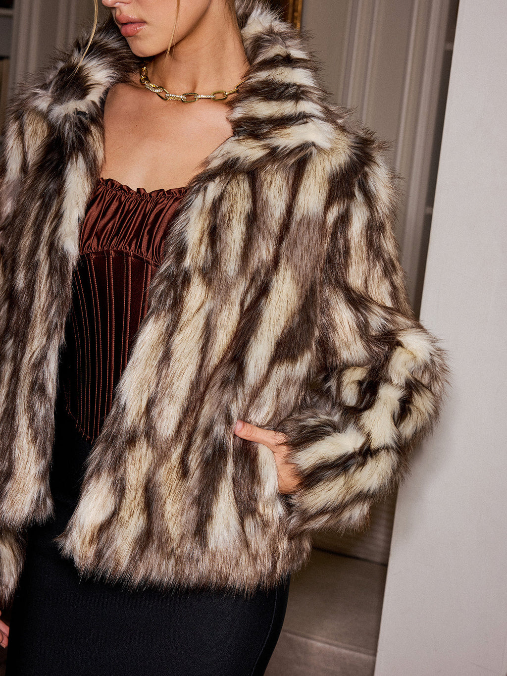 Veste à col en fausse fourrure imprimé animalier