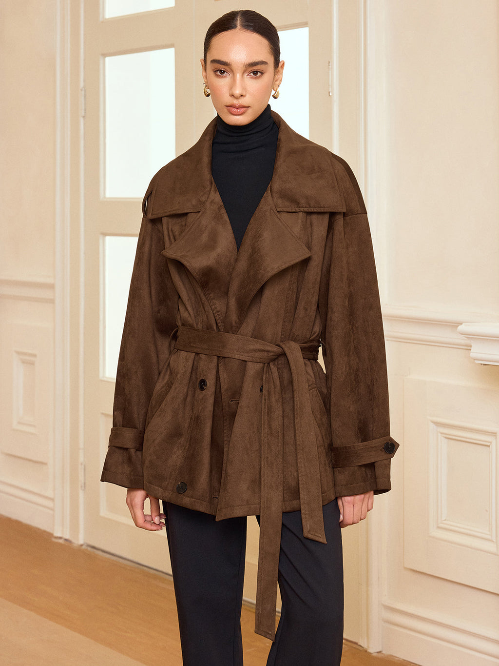 Trenchcoat mit Revers in Wildlederoptik und Gürtel