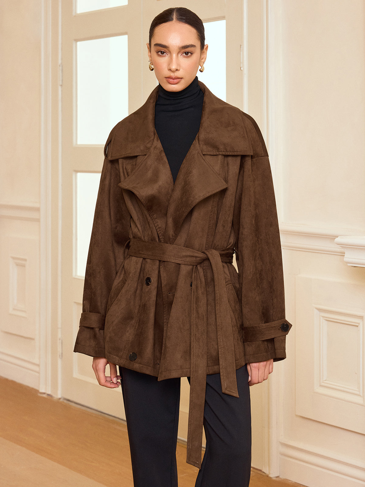 Trench-coat à revers effet daim avec ceinture