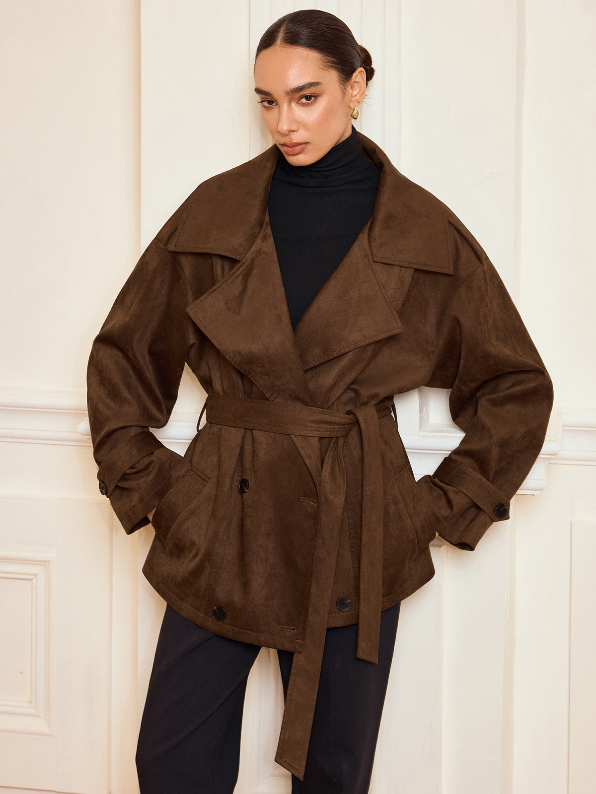 Trench-coat à revers effet daim avec ceinture